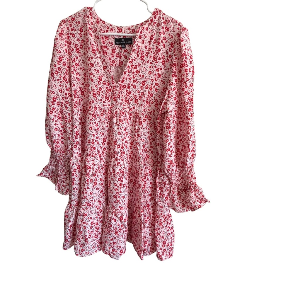 Pomander Place Red White Ditsy Floral Tiered V-Neck Mini Dress XXL Smocked Cuff